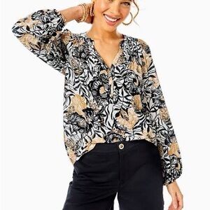 Lilly Pulitzer Silk Elsa Top in Onyx Peony Party Womens M Long Sleeve V-Neck